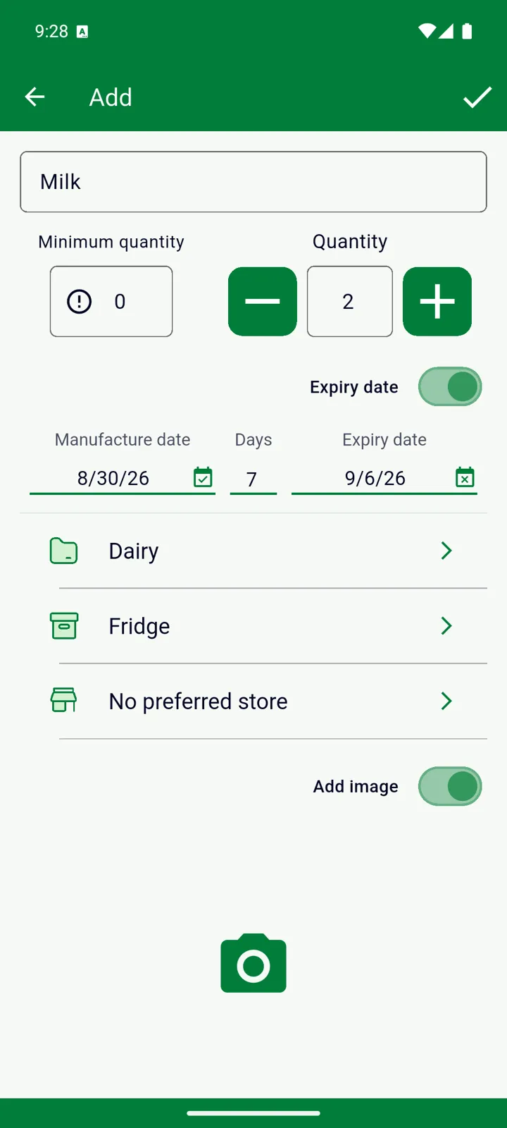 The Add form filled in for Milk: quantity, dates, category and storage place