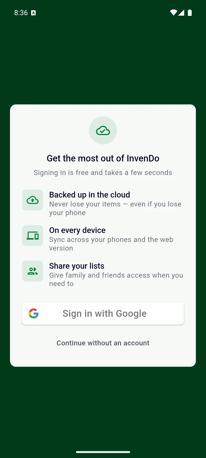 The Get the most out of InvenDo sheet listing what an account adds