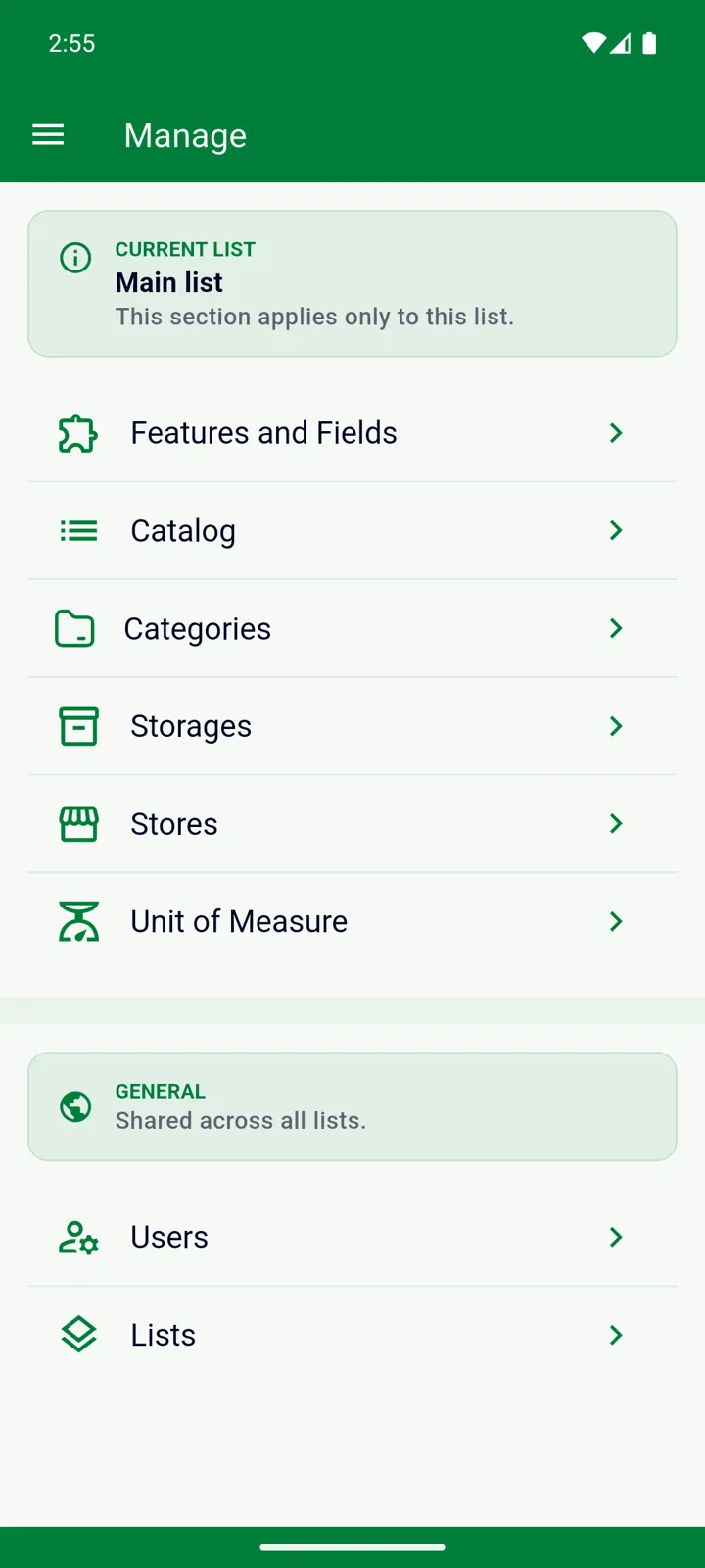 The Manage screen: the Current list section above, General below