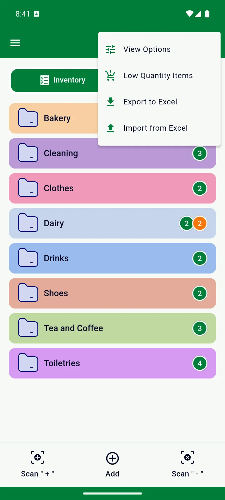 The ⋮ menu open on the Inventory tab
