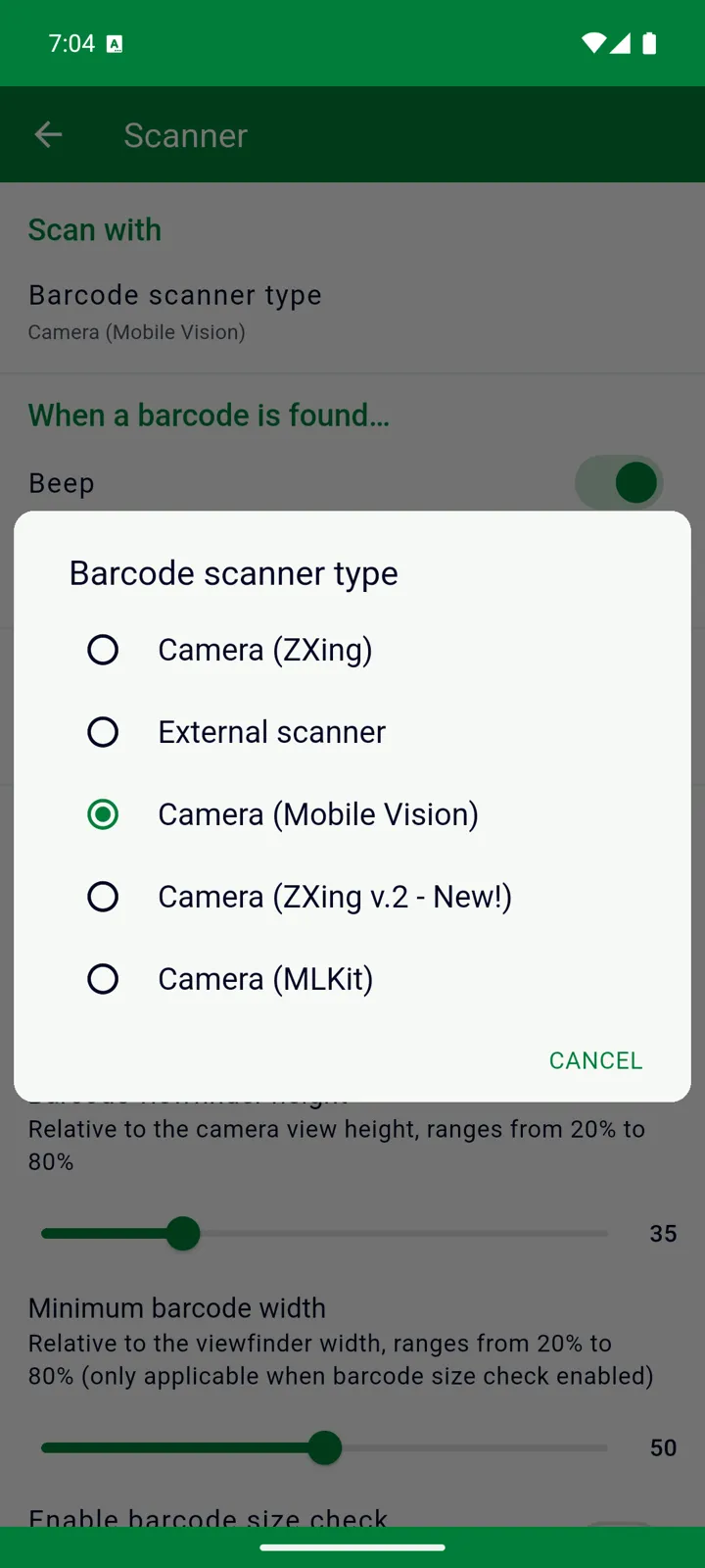 The Barcode scanner type dialog over Settings → Scanner