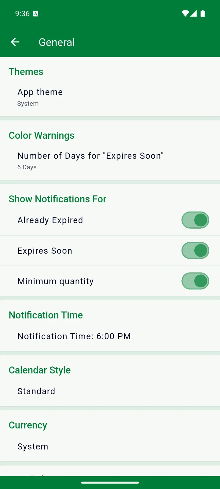 Settings → General: Show Notifications For and Notification Time