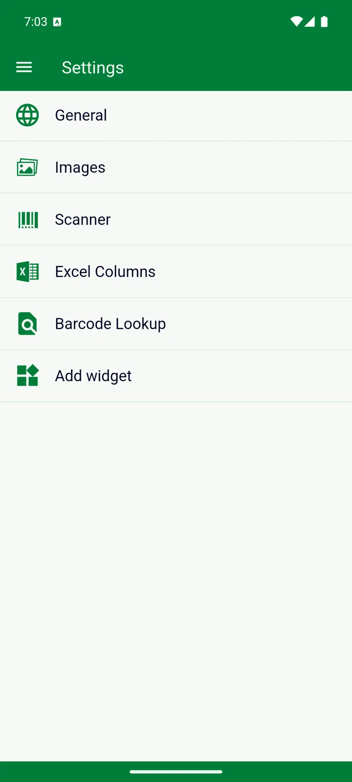The Settings screen: General, Images, Scanner, Excel Columns, Barcode Lookup and Add widget