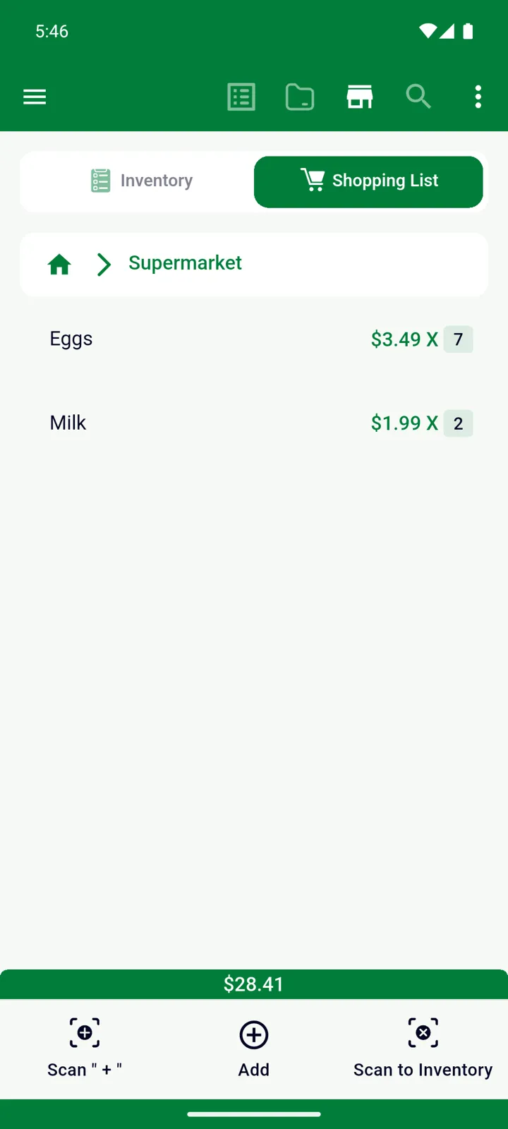 Inside the Supermarket store: Eggs and Milk with prices, quantities and the total