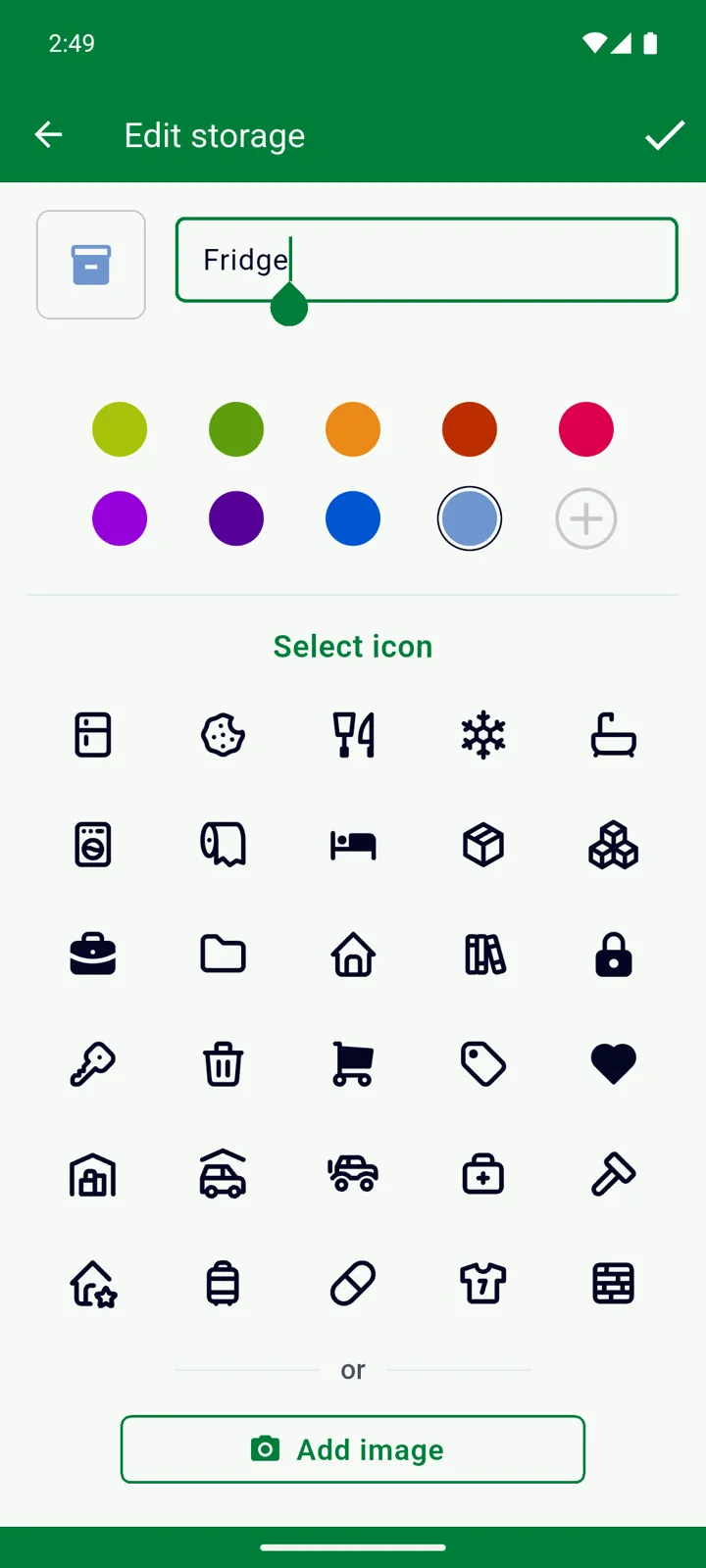 The storage form for Fridge with the colour row and the icon grid