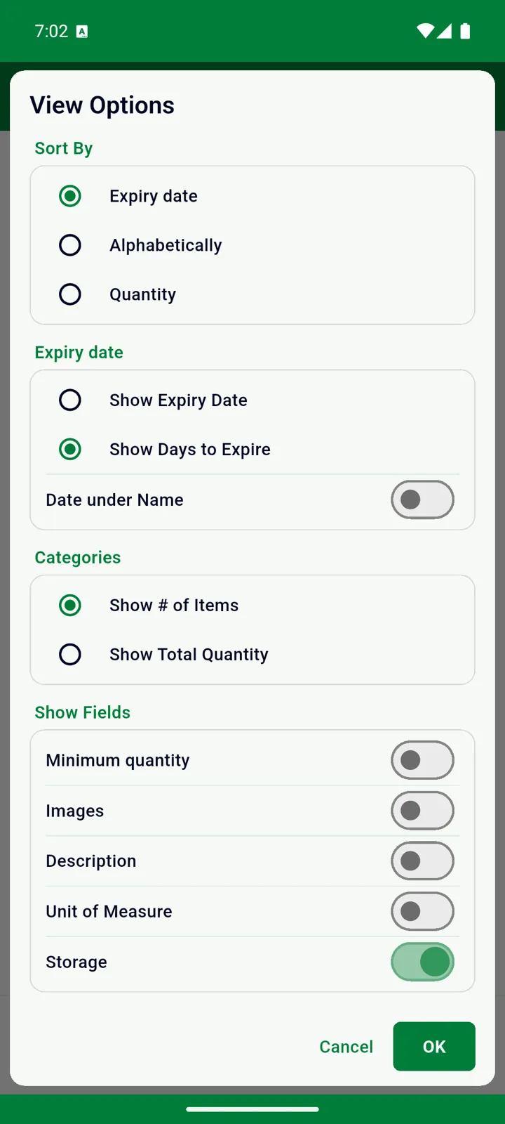 The View Options dialog: Sort By, expiry display, category headers and Show Fields