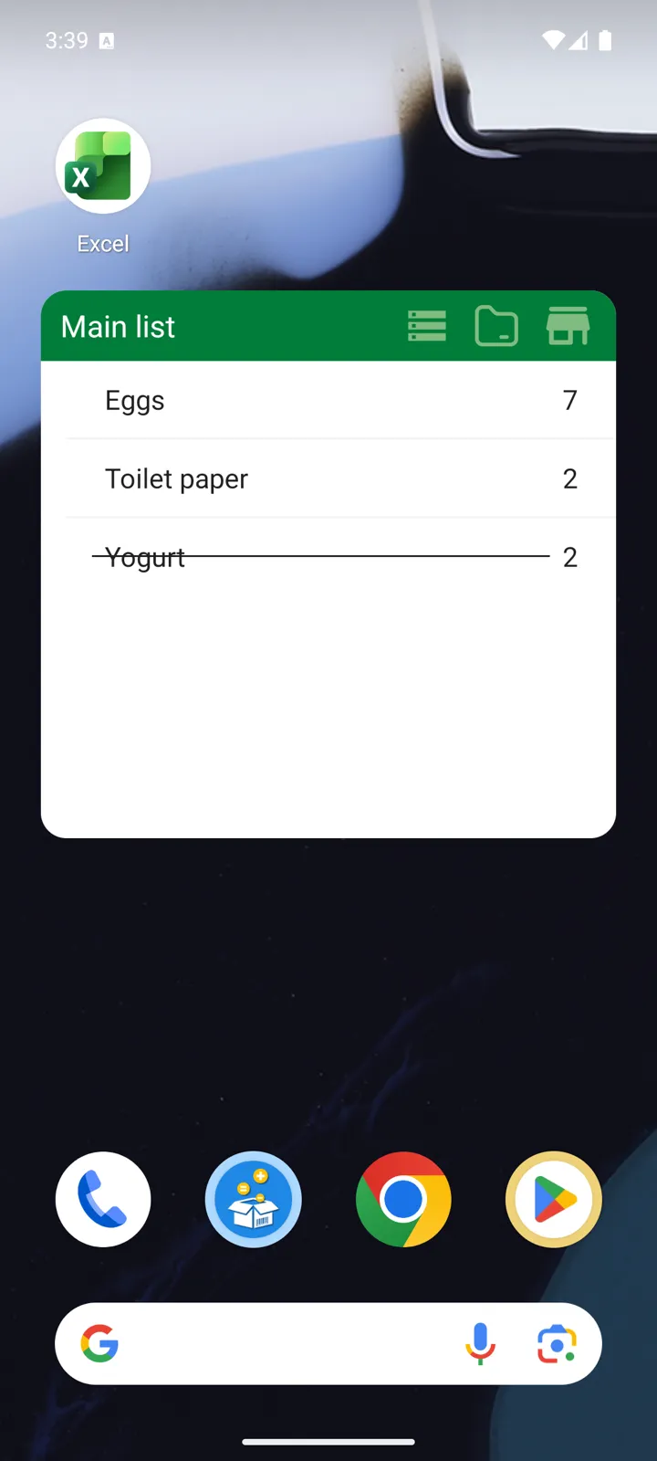The Shopping List widget on a home screen, with Yogurt crossed off